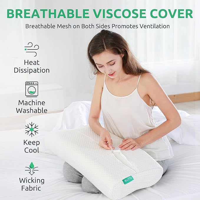 UTTU Cervical Pillow for Neck Strain Relief, Memory Foam Neck Pillow for Sleeping, Adjustable Orthopedic Sandwich Pillow, Contour Cooling for Side Back Stomach Sleeper, Queen(23.6"×14"×4.7"/3.9")