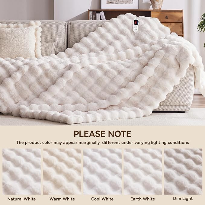 Heated Blanket Throw with 1/2/4/6/8 Hours Auto-Off 10 Heat Level, 50'' * 60'' Cozy Faux Rabbit Fur Bubble Electric Blanket with Overheat Protection(White)
