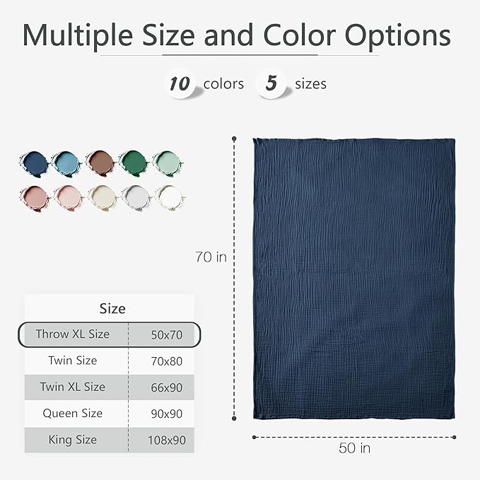 Carriediosa 100% Cotton Muslin Throw Blanket 50" X 70" Throw XL Size,4-Layers Summer Gauze Throws for Bed Couch,Soft Lightweight Breathable Linen Blankets Bedspread for Adults All Season,Navy Blue