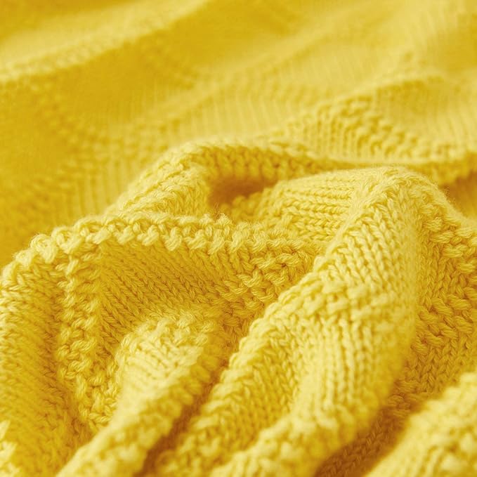 Large Yellow Cotton Knit Throw Blanket for Couch Sofa Bed - Home Decorative Soft Cozy Sweater Woven Fall Cable Oversize Knitted Blankets - 3.4 pounds 60 x 80 Inch