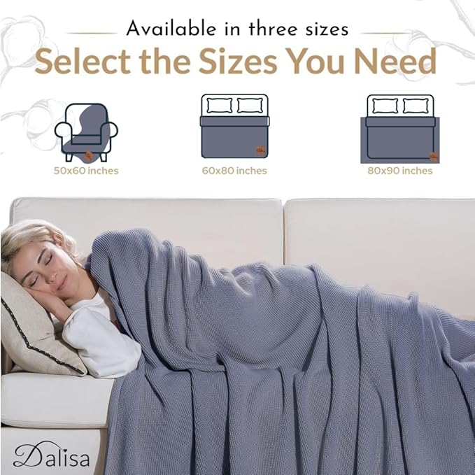 100% Organic Turkish Cotton Throw Blanket - GOTS Certified, Cozy - Perfect for Couch, Bed, and Home Decor - Boho Vintage Knit Alina (Grey Blue, 80x90)