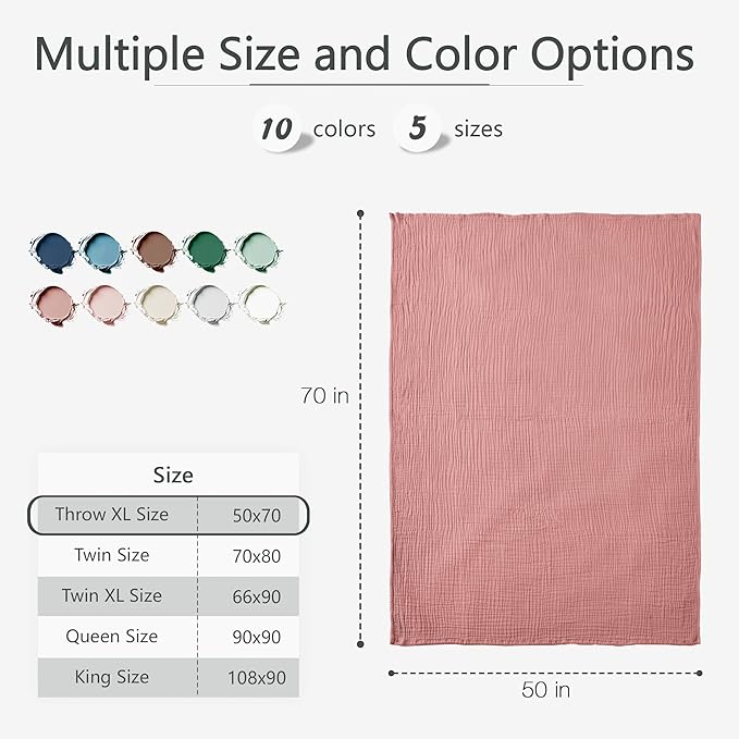 Carriediosa 100% Cotton Muslin Throw Blanket 50" X 70" Throw XL Size,4-Layers Summer Gauze Throws for Bed Couch,Soft Lightweight Breathable Linen Blankets Bedspread for Adults All Season,Mauve