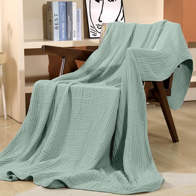 Yoofoss Muslin Blanket 100% Cotton Throw Large 50" x 60" for Bed Couch Summer Gauze Blanket for Adults Lightweight and Breathable Dark Green