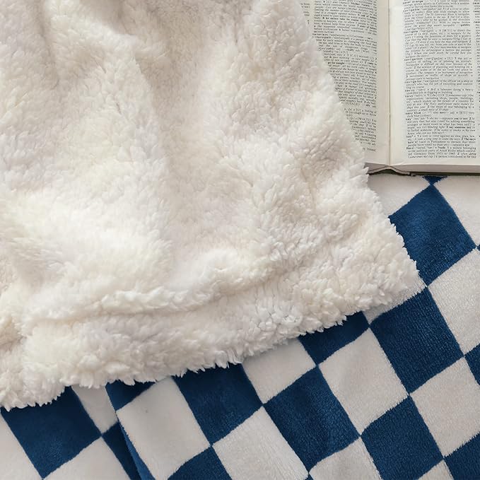 LOMAO Sherpa Throw Blanket Fleece Blanket with Checkered Pattern Soft Thick Blanket for Couch, Bed, Sofa Luxurious Warm and Cozy for All Seasons (Navy, 60"x80")