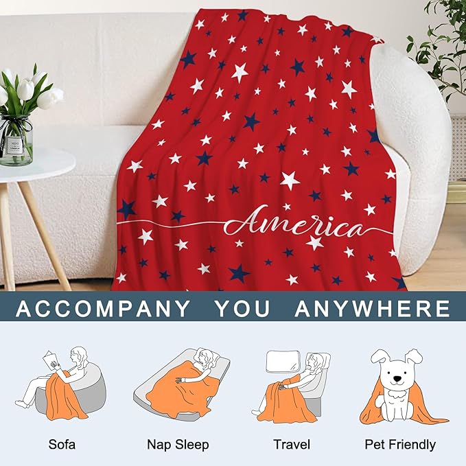 Neatee Living Patriotic Throw Blanket 4th of July Memorial Day Fourth of July American Freedom Veteran Day Blanket Couch Bed Red White Blue Stars Soft Fleece Blanket Home Decorations 50x60