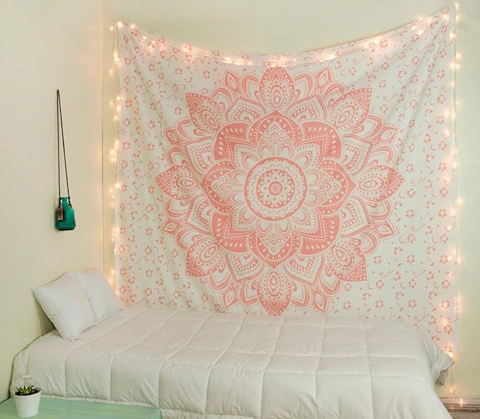 raajsee Glittering Rose Gold Pink Tapestry Wall Hanging Mandala-Bohemian Room Decor-Indian Cotton Throw Hippie Tapestries -Boho Bedding White Golden Queen Bedspread 82x92 inches