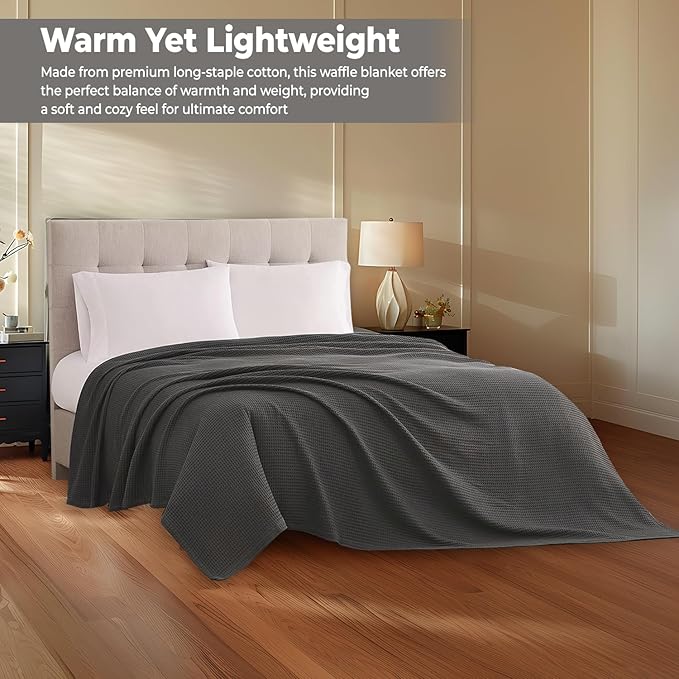 100% Cotton Blankets Queen Size for Bed - Waffle Weave Blankets for Summer, Lightweight and Breathable Soft Woven Blanket for Spring, (Dark Grey, Queen (90" x 90"))