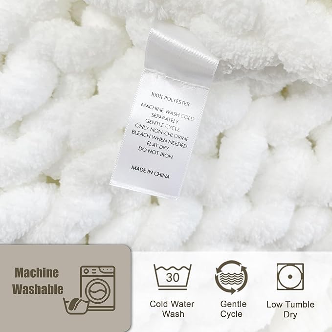 Chunky Knit Throw Blanket 50"X 60", 100% Handmade with Soft Chenille Yarn, 4.4lbs Thick Cable Knitted Blankets, Large Rope Knot Crochet Throws for Couch Sofa Bed Home Decor, Snow White