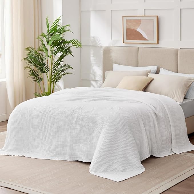 100% Cotton Muslin Blanket Large 50" x 70", 6 Layers Breathable and Lightweight Cotton Blankets for Couch, Quilt Bedspread, Gauze Throw for Adults, White