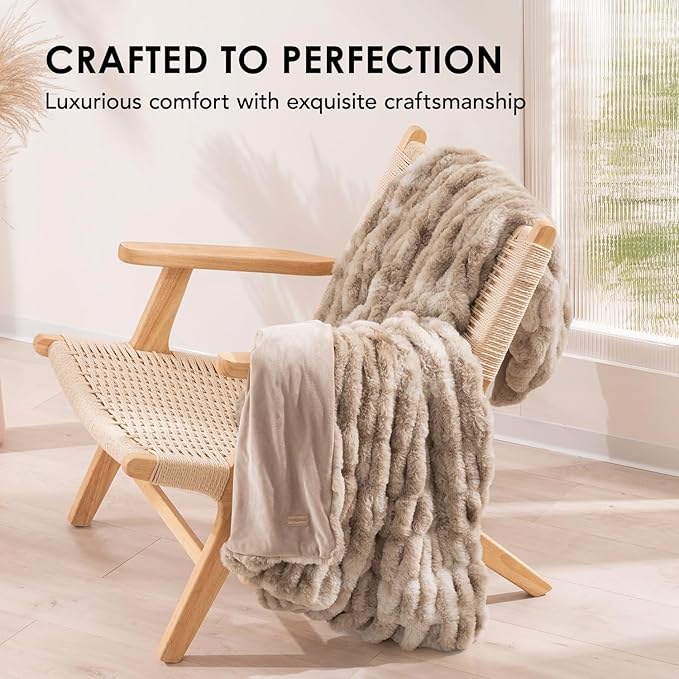 EVERGRACE Luxurious Soft Faux Rabbit Fur Throw Blanket, Cozy Fuzzy Plush Warm Throws for Couch Bed Sofa Chair Home Decor, Ruched Bubble Fluffy Blanket with Reversible Velvet, 60" x 80", Beige