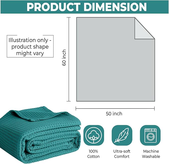 100% Cotton Blankets for Throw Size Bed - Waffle Weave Blankets for Summer, Lightweight and Breathable Soft Woven Blanket for Spring (Teal, Throw (50" x 60")