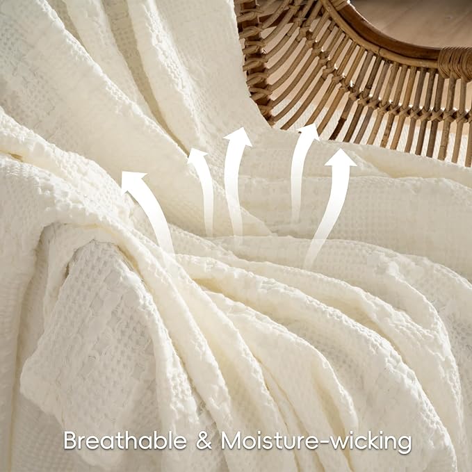 PHF 100% Cotton Waffle Weave Blanket Twin Size, Soft Lightweight Breathable Cozy Summer Blankets for Bed, Luxury Aesthetic Woven Bedding for Home Decor, 66"x90", Ivory