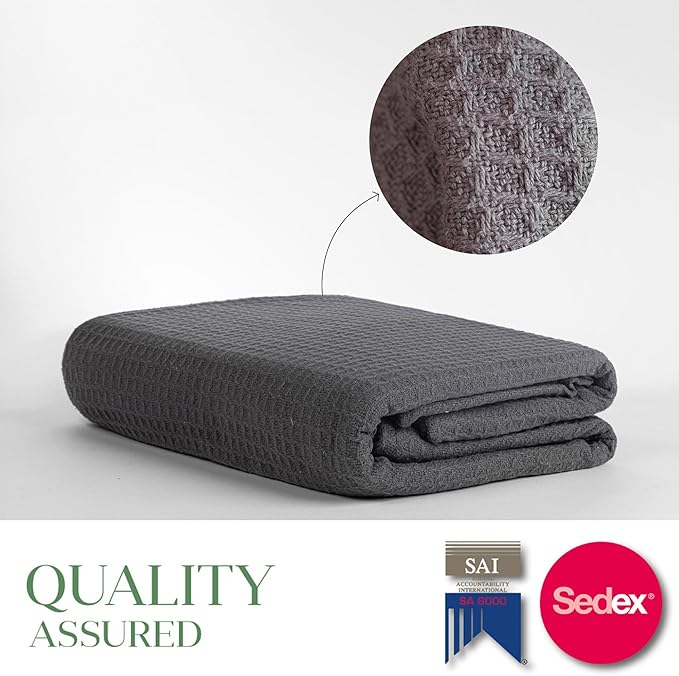 100% Cotton Salt Earth Throw Blanket, Queen, 90"X92" Waffle Throws For Home, Bedrooms, Outdoor Couch & Office Couch, Modern Room Decor Blankets, Lightweight, All Season Western Blanket (Charcoal Grey)
