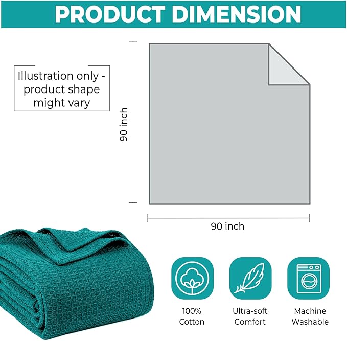 100% Cotton Blankets Queen Size for Bed - Waffle Weave Blankets for Summer, Lightweight and Breathable Soft Woven Blanket for Spring, (Teal, Queen (90" x 90"))