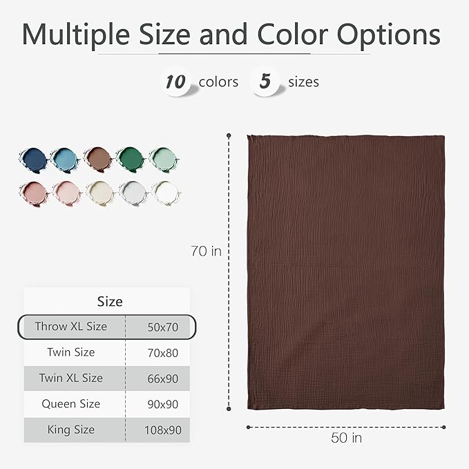 Carriediosa 100% Cotton Muslin Throw Blanket 50" X 70" Throw XL Size,4-Layers Summer Gauze Throws for Bed Couch,Soft Lightweight Breathable Linen Blankets Bedspread for Adults All Season,Dark Brown
