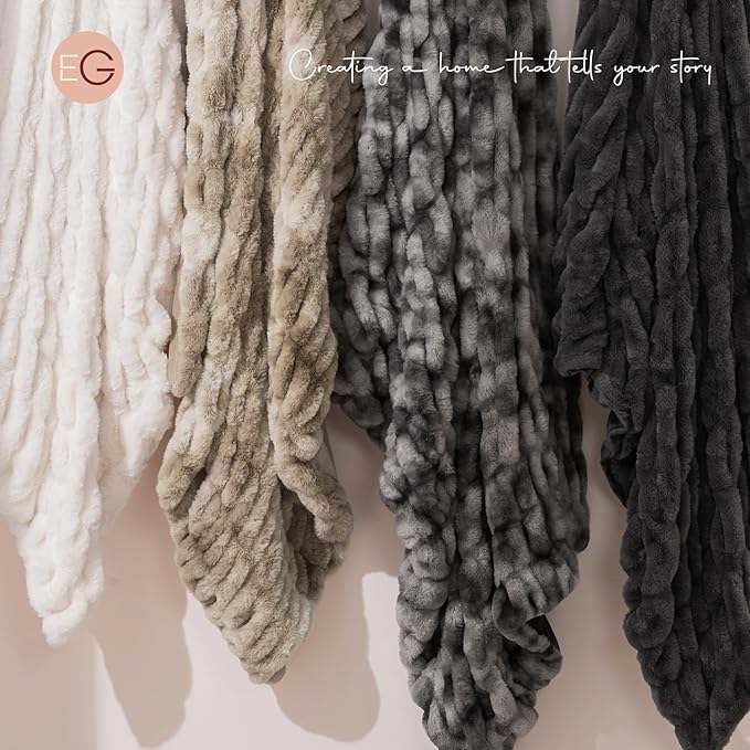 EVERGRACE Luxurious Soft Faux Rabbit Fur Throw Blanket, Cozy Fuzzy Plush Warm Throws for Couch Bed Sofa Chair Decor, Ruched Bubble Fluffy Blanket with Reversible Velvet, 50" x 60", Charcoal Gray