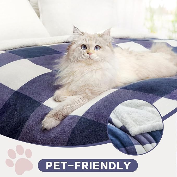 PU MEI Sherpa Blanket Fleece Throw Blanket Full Queen Plaid Thick Bed Blanket, Soft Warm Cozy Blue Checkered Throw Blanket 80"*90"