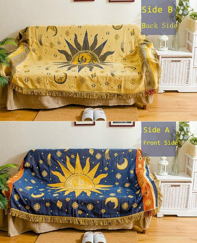 Erke Moon and Sun Throw Blanket Celestial Chair Recliner Cover Bed Spread Hippie Room Decor, Double Sided Cotton Woven Sofa Couch Furniture Aesthetic Witchy Throws - 50" X 70", Yellow/Blue