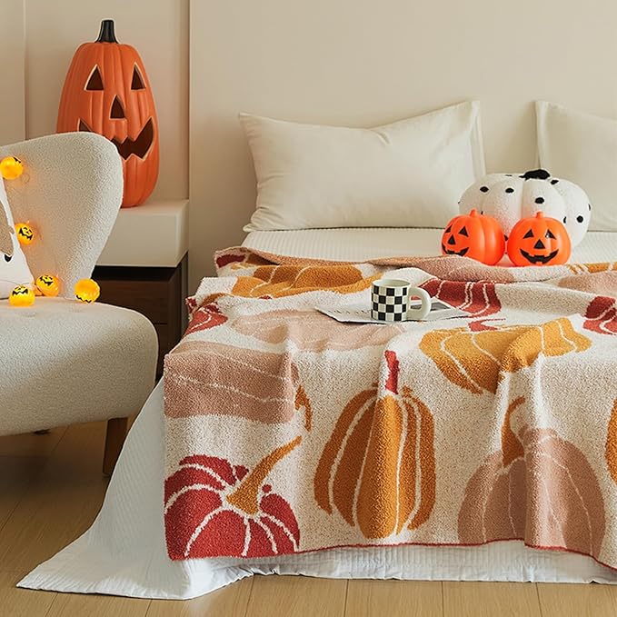 Pumpkin Throw Blanket for Couch 50x70 Fall Halloween Blankets, Soft Cozy Reversible Textured Fleece Fluffy Blanket for Bed Sofa Autumn Home Decor