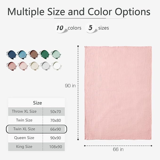 Carriediosa 100% Cotton Muslin Throw Blanket 66" X 90" Twin XL Size,4-Layers Summer Gauze Throws for Bed Couch,Soft Lightweight Breathable Linen Blankets Bedspread for Adults All Season,Dusty Pink