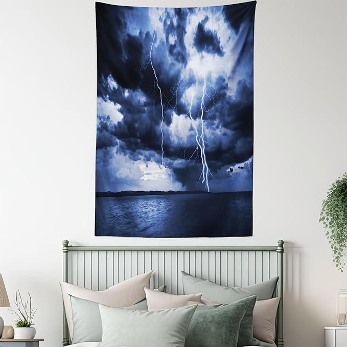 Ambesonne Nature Tapestry Twin Size, Majestic Sky View with Huge Rain Clouds All Over The Sea and Vibrant Storm Rays Print, Wall Hanging Bedspread Bed Cover Wall Decor, Twin Size, Blue