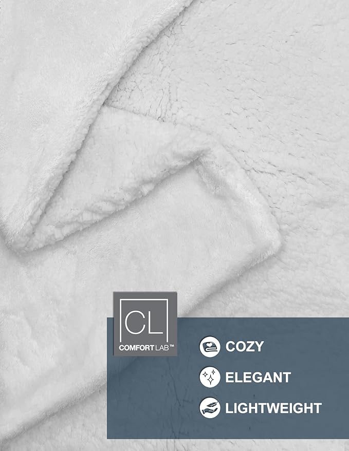 Comfort Lab Reversible Flannel Sherpa Blanket - Elegant Fluffy Bed Blankets for Bedroom and Home Decor - Anti Pilling Non Shedding Cozy & Warm Fleece Cover - King/California King (108" x 90") - White