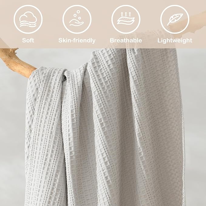 100% Cotton Waffle Blanket with Fringe, Pre-Washed Waffle Weave Blanket for All Season, Lightweight Breathable Soft Cozy Throw Blanket for Couch, Bed, Travel (Light Grey - 66x90 Inches)