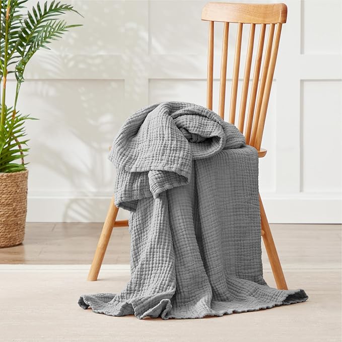 100% Cotton Muslin Blanket Twin XL 66" x 90", Breathable and Cooling Bed Blankets, Soft Boho Coverlet Bedspread, Gauze Bedding for Adults All Season, Grey