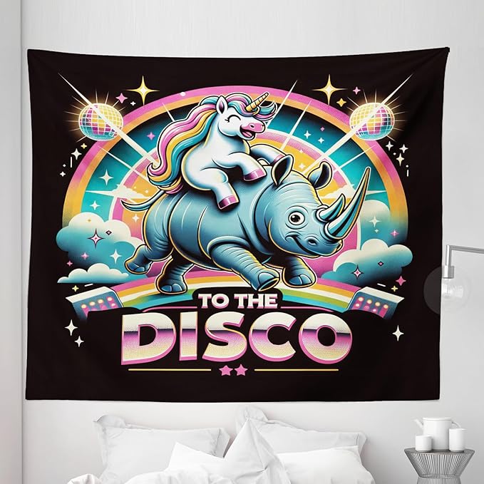 Ambesonne Funny Tapestry King Size, Whimsical Colorful to the Disco Lettering Cheery Unicorn Riding a Wild Animal, Wall Hanging Bedspread Bed Cover Wall Decor, 104" X 88", Black Multicolor
