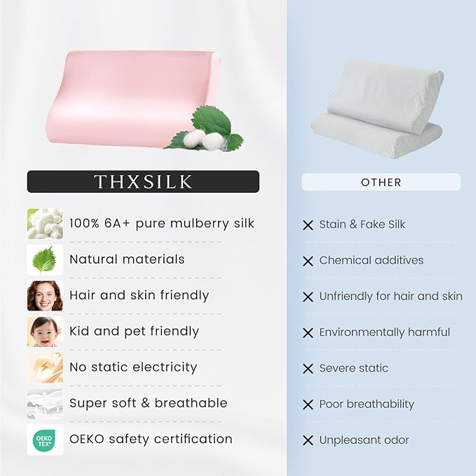 THXSILK 19 Momme 100% Mulberry Silk Pillowcase for Contour Memory Foam Pillow, Contour Pillow Case Cover, Cervical Pillow Case, Pack of 1(Charming Pink, 21"x14.5"x4.9"/4.2")