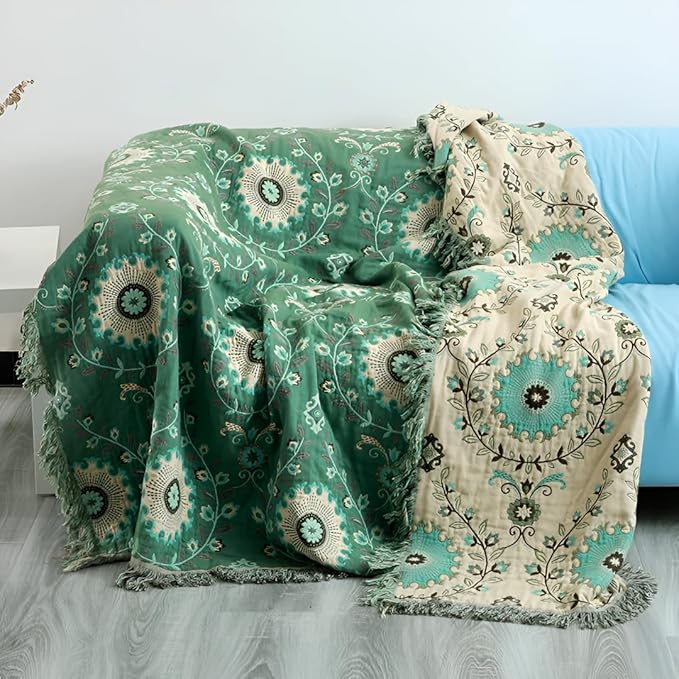 Floral Printed Throw Blankets for Bed Home Decor, 100% Cotton Soft Cozy Boho Quilts Blankets 80"x90",Lightweight Farmhouse Blanketsfor Armchair,Soaft,Couch,Picnic