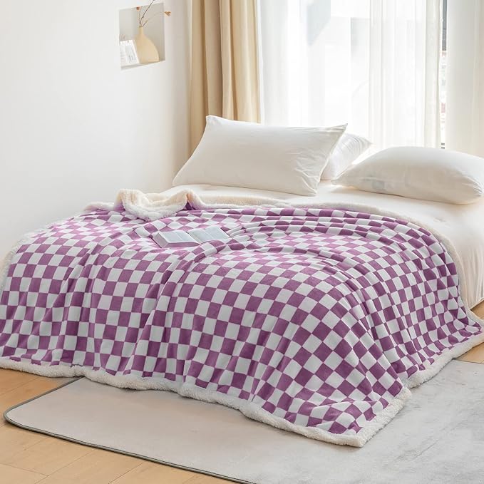 LOMAO Sherpa Throw Blanket Fleece Blanket with Checkered Pattern Soft Thick Blanket for Couch, Bed, Sofa Luxurious Warm and Cozy for All Seasons (Purple, 60"x80")