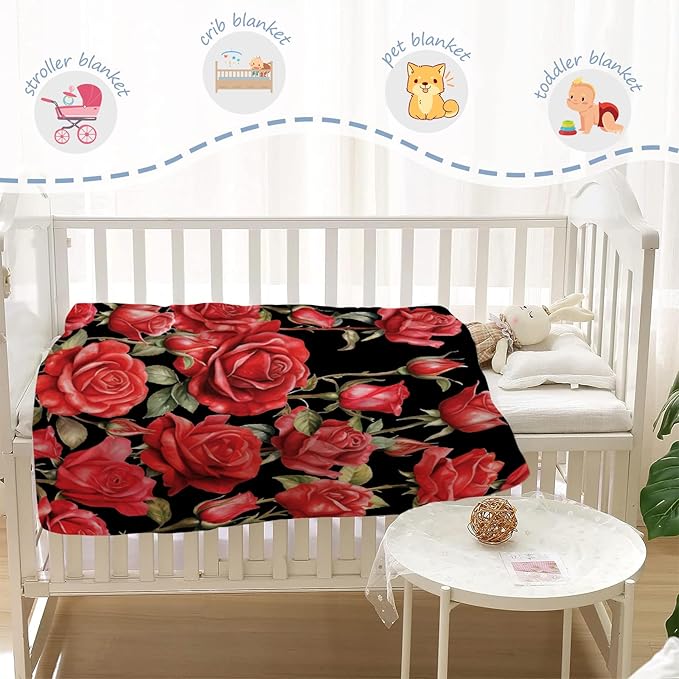 YeeJu Rose Baby Throw Blanket Small Red Floral Blanket for Toddler Swaddle Pet Crib Kids Soft Fuzzy Plush Fleece Blankets Black Spring Summer Flower Decorative Gift Blanket 30x40