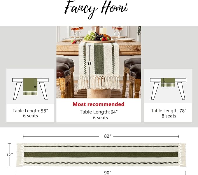 Fancy Homi Olive Green Table Runner 90 Inches Long Boho Macrame Table Runner for Home Decor, Farmhouse Table Runners with Tassels for Party Bohemian Rustic Bridal Shower Dining Decor 12x90 Inches