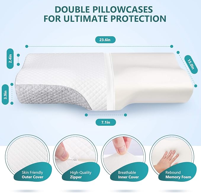 ZAMAT Contour Memory Foam Pillow for Neck Pain Relief, Adjustable Ergonomic Cervical Pillow for Sleeping, Orthopedic Neck Pillow with Washable Cover, Bed Pillows for Side, Back, Stomach Sleepers