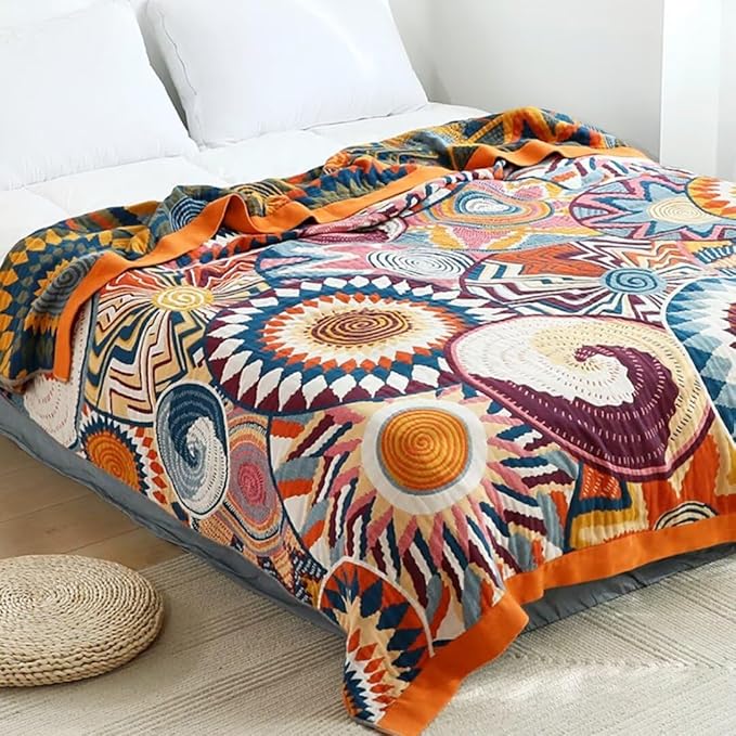 Muslin Boho Throw Blanket for Bed Couch, 100% Cotton Fall Throw Blanket, Bohemian Rustic Quilt 60"x80", Ultra Soft Mexican Blankets Travel Picnic Versatile Knitted Woven Blanket for Sofa