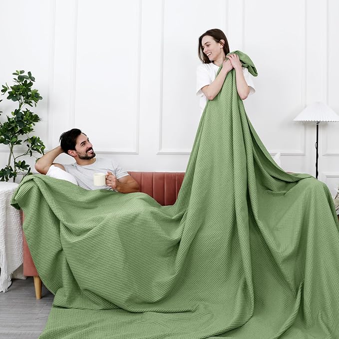 PHF Pre-Washed Cotton Waffle Weave Family Blanket,Oversized King Size 120"x 120"-Snag Proof Lightweight Breathable, 10'x 10' Huge Extra Large Big-Elegant Aesthetic Home Decoration Gift,Loden Green