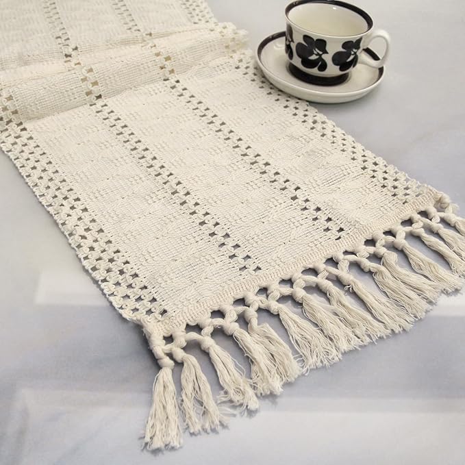 Fancy Homi Cream Table Runner 60 Inches Long Boho Macrame Ivory Table Runner for Home Decor, Farmhouse Table Runners with Tassels for Party Bohemian Rustic Bridal Shower Dining Decor 12x60 Inches