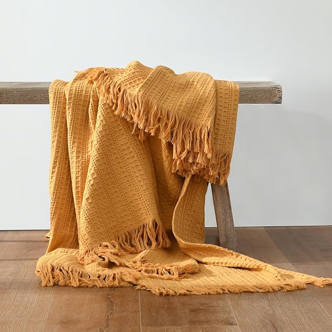 100% Cotton Waffle Queen Blanket with Fringe 90"x90", Pre-Washed Waffle Weave Blanket for All Season, Lightweight Breathable Soft Cozy Throw Blanket for Couch, Bed, Travel (Mustand Yellow)