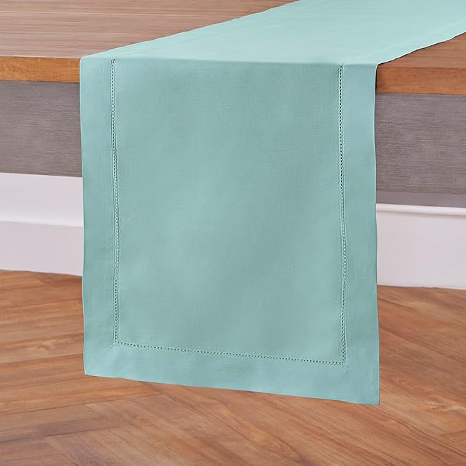Solino Home Cotton Linen Pastel Turquoise Table Runner 72 Inches Long - Hemstitch Table Runner 14 x 72 Inch for Dresser, Dining and Summer