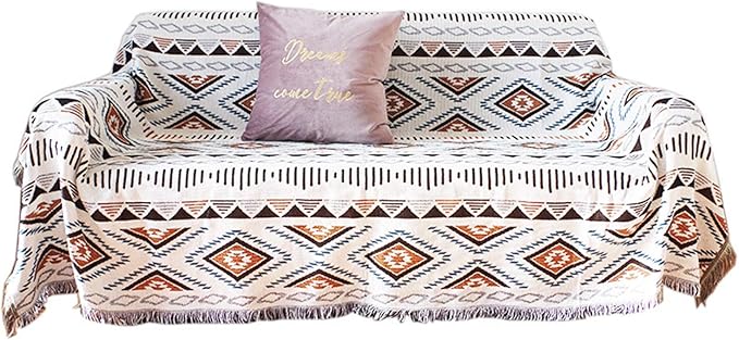 Luxlovery Bohemian Sofa Throw Blankets Ethnic Woven Boho Hippie Tribal Throw Blanket for Couch Aztec Bed Throws Oversized Navy Beige and Blue Fringe Farmhouse Chair Sofa Cover with Tassels(63"x86")