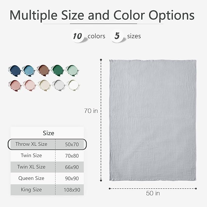 Carriediosa 100% Cotton Muslin Throw Blanket 50" X 70" Throw XL Size,4-Layers Summer Gauze Throws for Bed Couch,Soft Lightweight Breathable Linen Blankets Bedspread for Adults All Season,Grey