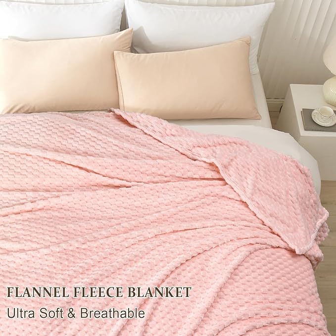 PHF Ultra Soft Flannel Fleece Blanket Queen Size, Lightweight 3D Jacquard Fleece Blanket, No Shedding, No Pilling, Luxury 340GSM Aesthetic Fluffy Cozy for Bed Room Decor, 90"x90", Pink