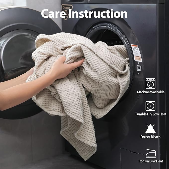 100% Cotton Waffle Blanket (Khaki - Queen Size - 90 * 90''), Pre-Washed and Anti-Shrinkage Soft Lightweight Bed & Couch Blanket, 380 GSM Waffle Weave Throw Blanket for All Seasons