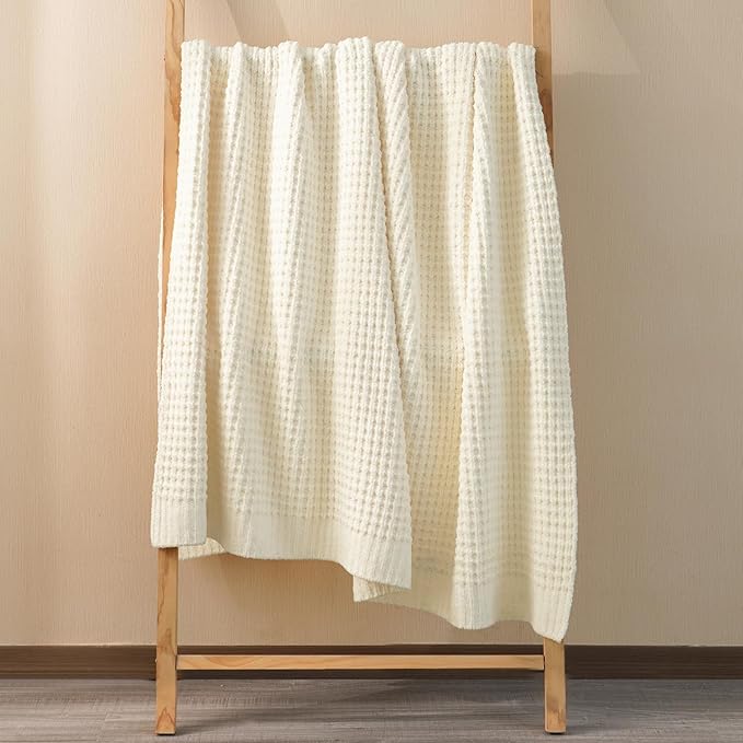 PHF Chenille Waffle Knit Throw Blanket- Plush Warm & Cozy 50" x 60" Ultra Soft Blanket- Chunky Fluffy Waffle Throws for Couch Bed Sofa - Cream