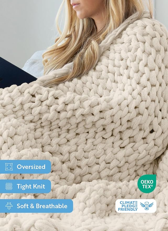 Linen Market Beddings Oversized Chunky Knit Throw Blanket Acrylic Hypoallergenic - 47'' x 59'' Cozy Home Accent for Snuggling, Lounging, and Stylish Décor (Ivory)