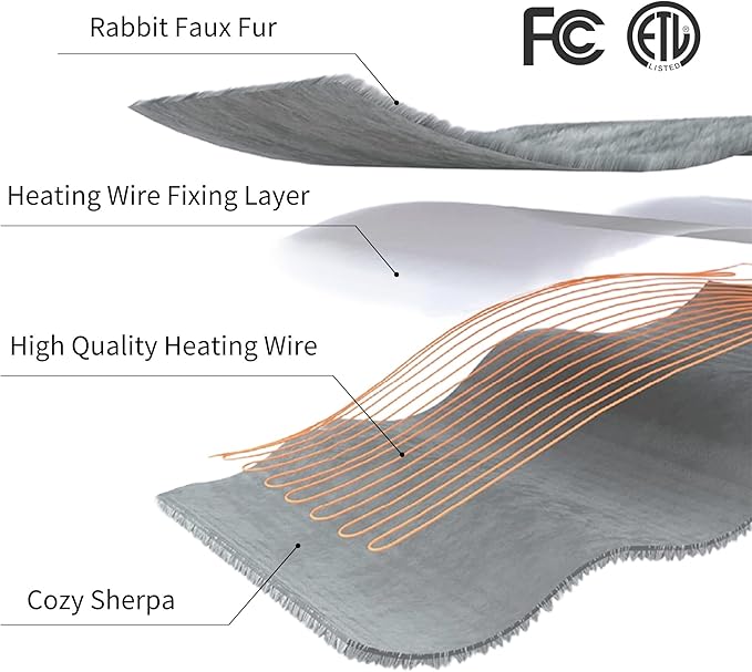 ESTINGO Faux Fur Electric Throw Blanket, Luxury Furry Throw Heated Blanket, 3D Leaf-Patterned Thick Rabbit Fux Fluffy Heating Blanket with 5 Heating Levels & 4 Hours Auto Off, 50" x 60" Light Gray