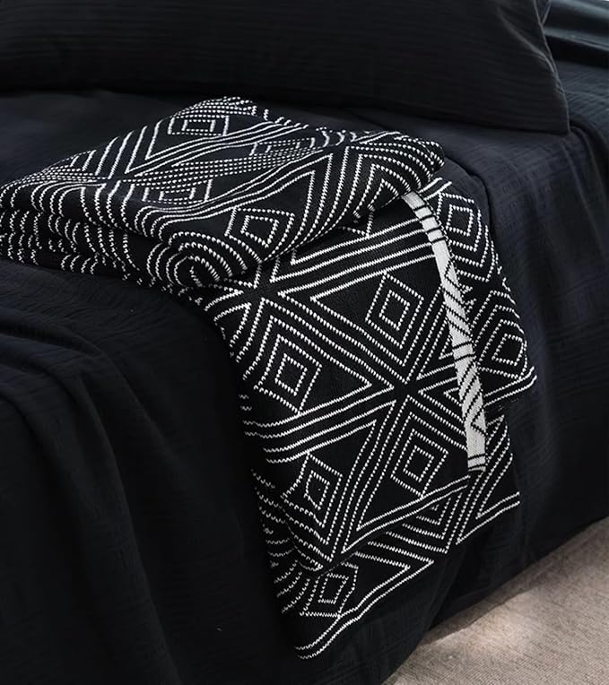 Black and White Throw Blankets Queen Size, Knitted Modern Patterned Throw Blanket, Soft Lightweight Woven Throw Blanket for Sofa Couch Bed and Living Room, Black&White (60x80 Inch)