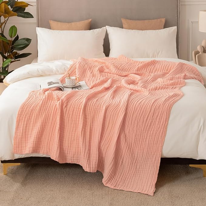 EMME Muslin Cotton Throw Blankets for Couch Breathable Gauze Blanket All Season Soft and Lightweight Pre-Washed Cotton Blanket (Pink, 60"x80")