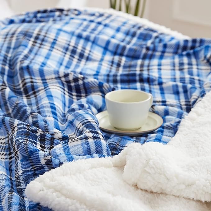 Touchat Sherpa Plaid Throw Blanket(60" X 70", Plaid Blue), Fuzzy Fluffy Cozy Soft Blanket, Fleece Flannel Plush Twin Size Microfiber Blanket for Couch Bed Sofa